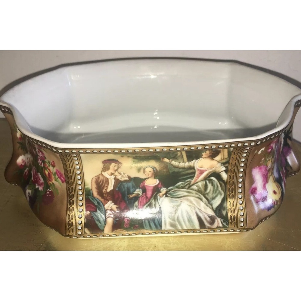 Vintage LIMOGES FRANCE PEINT A LA MAIN flowers ladies courting couple bowl 8"